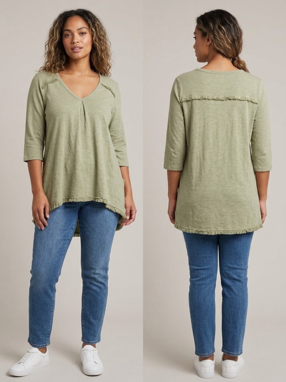 Umgee Olive Green Frayed Hem V-Neck Tunic